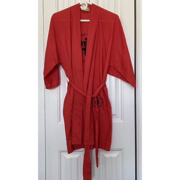Vintage Mens Bathrobe Health Robe Embroidered Kimono Red with Tie Asian - Picture 2 of 8